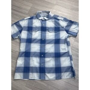 Kuhl Blue Plaid Outdoor Metal Button Short Sleeve Hiking Camping Shirt Men Large